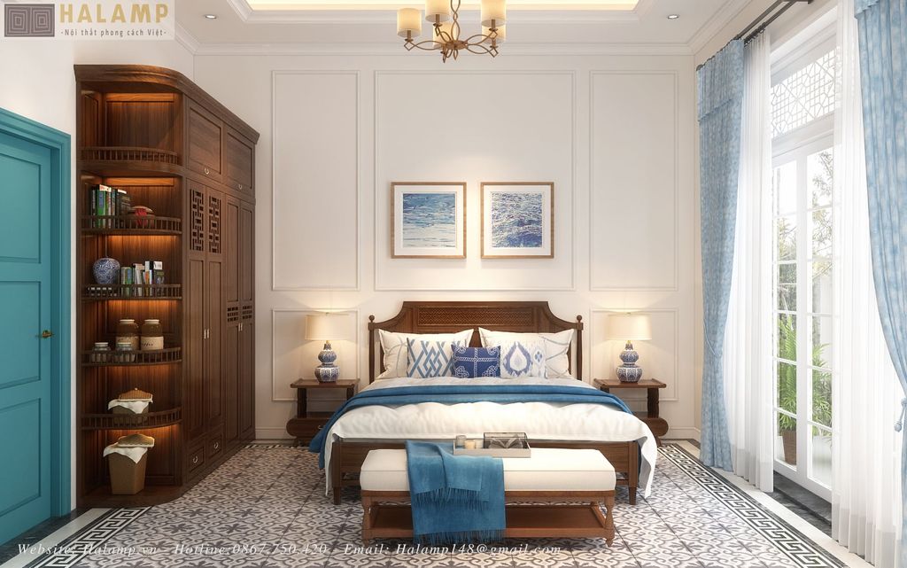Giường gỗ indochine trong không gian phòng ngủ