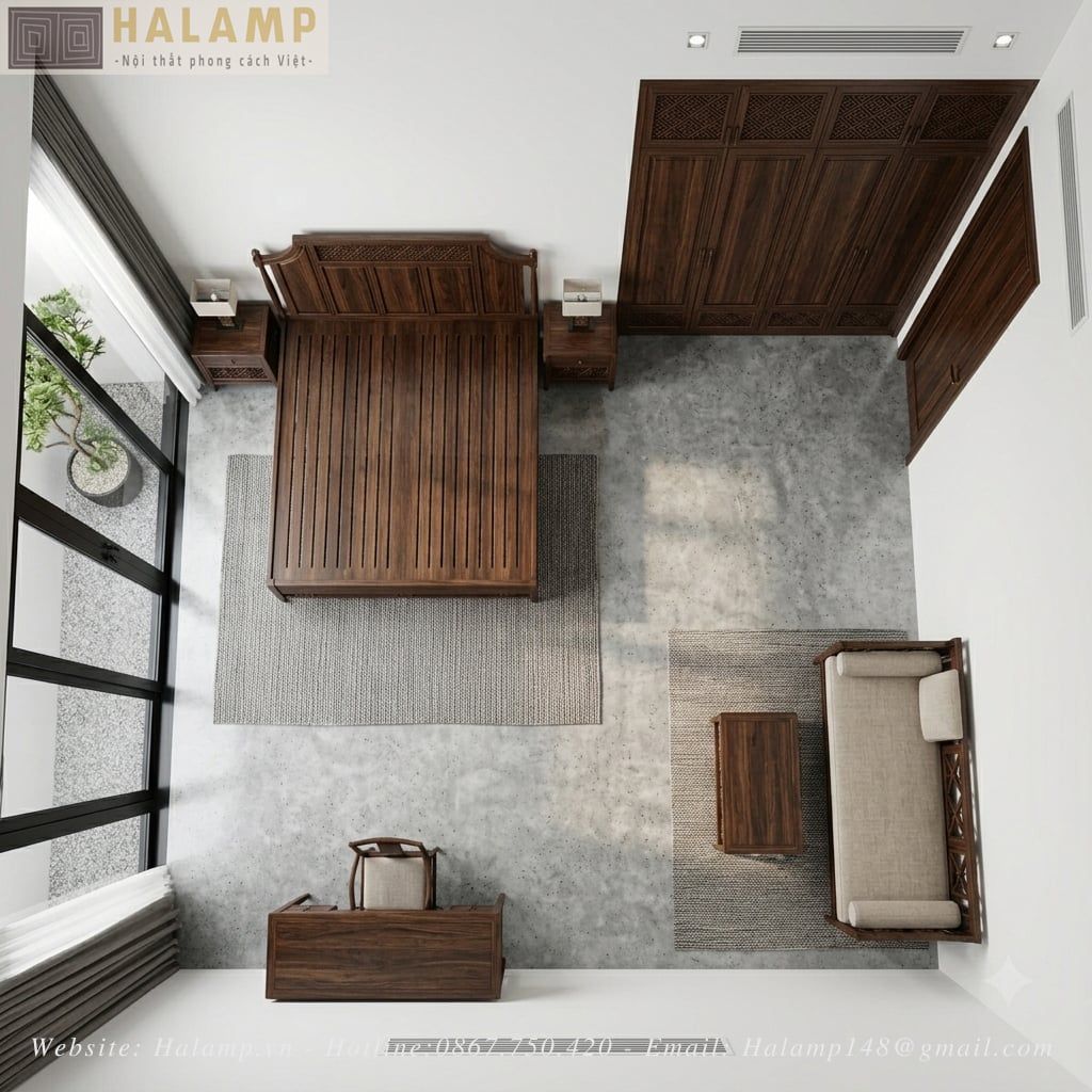 Giường gỗ indochine trong không gian phòng ngủ