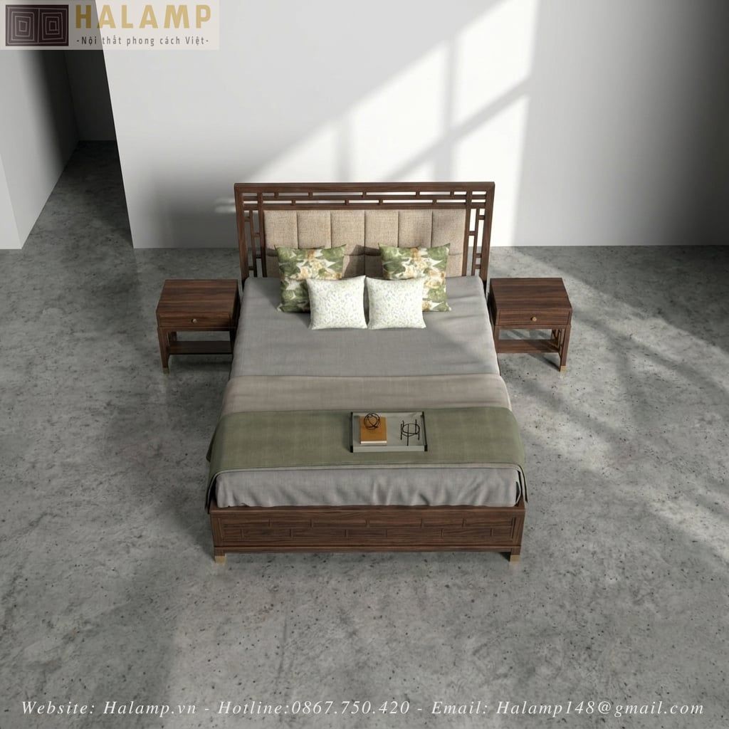 giường gỗ phong cách việt đương đại trong phòng ngủ
