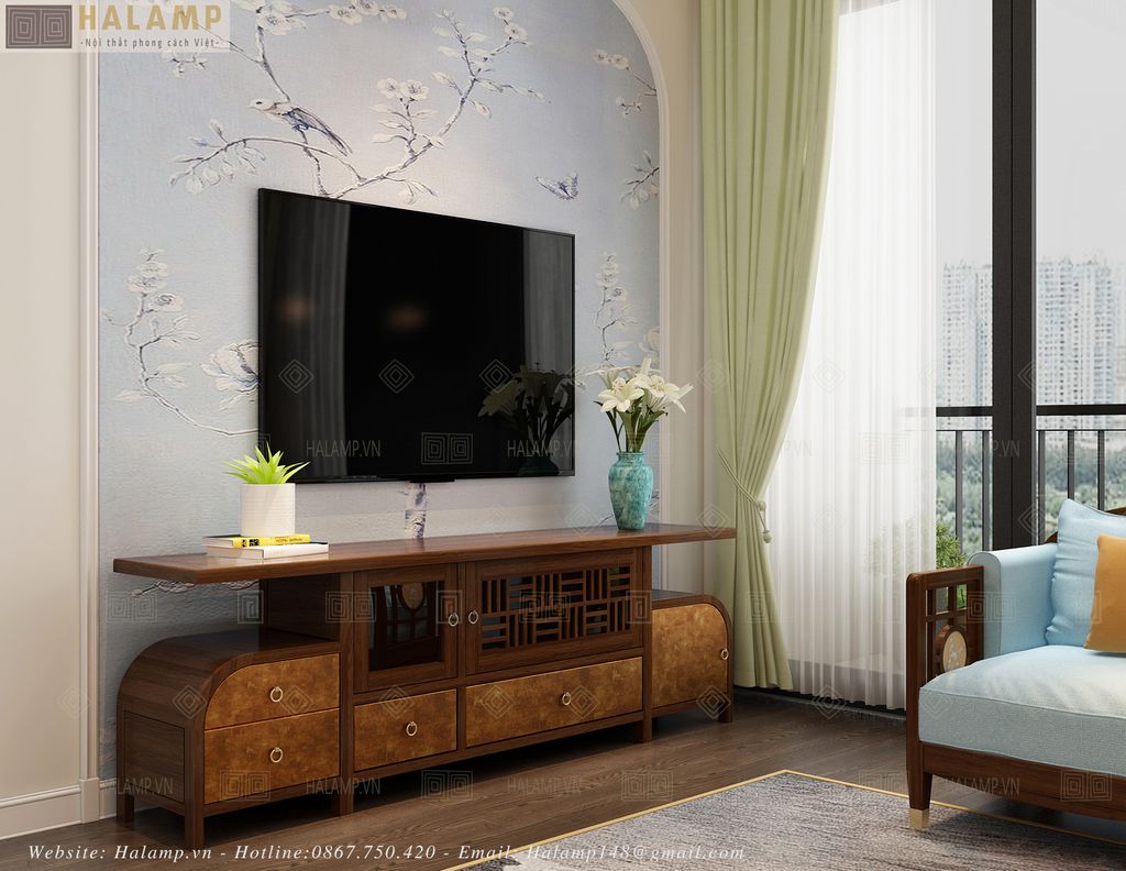 Kệ ti vi gỗ phòng khách hiện đại phong cách Việt