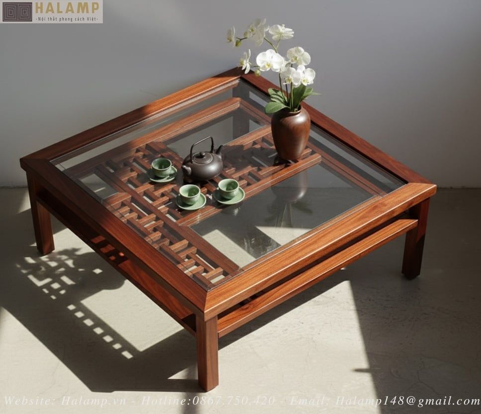 Mẫu bàn trà gỗ tự nhiên hình vuông phong cách Việt
