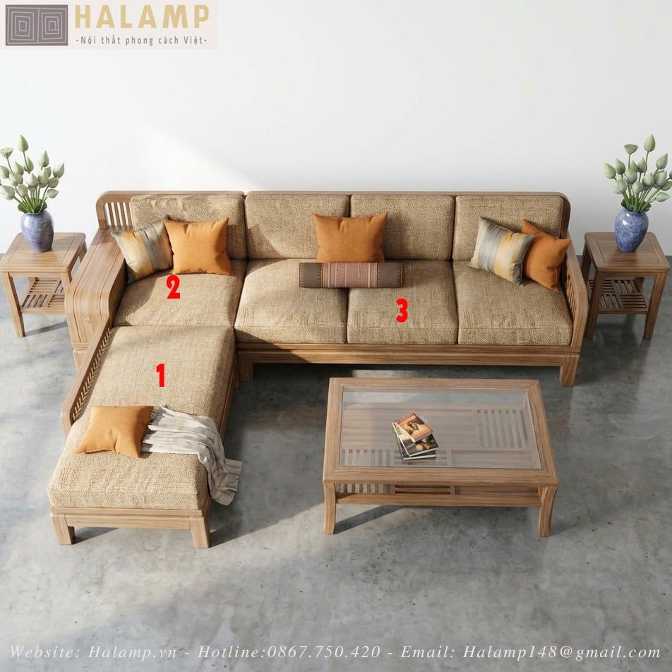 Bộ sofa module gỗ tự nhiên phong cách việt đẹp