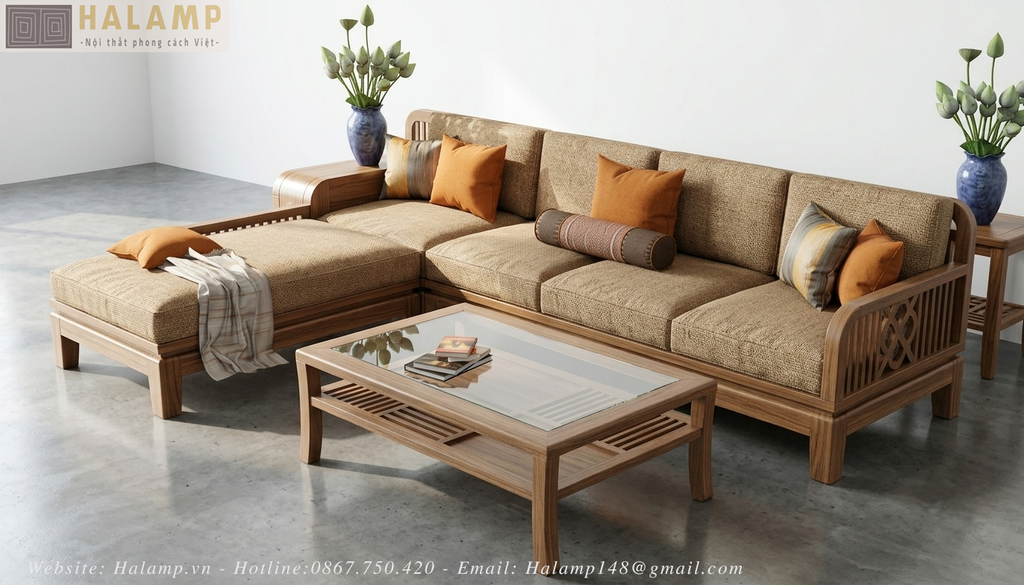 Bộ sofa module gỗ tự nhiên phong cách việt đẹp