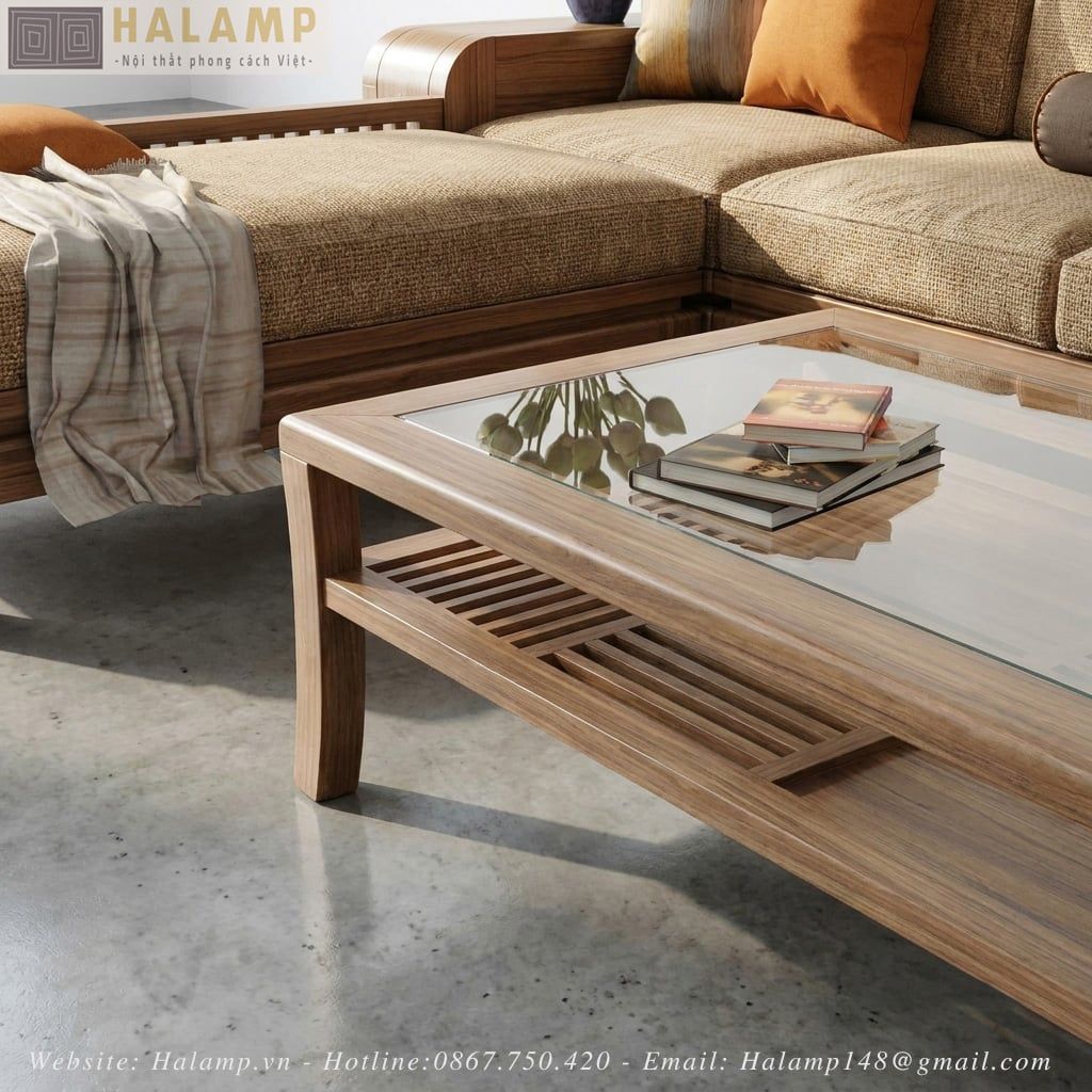 Chi tiết bộ sofa gỗ tự nhiên phong cách việt Halamp