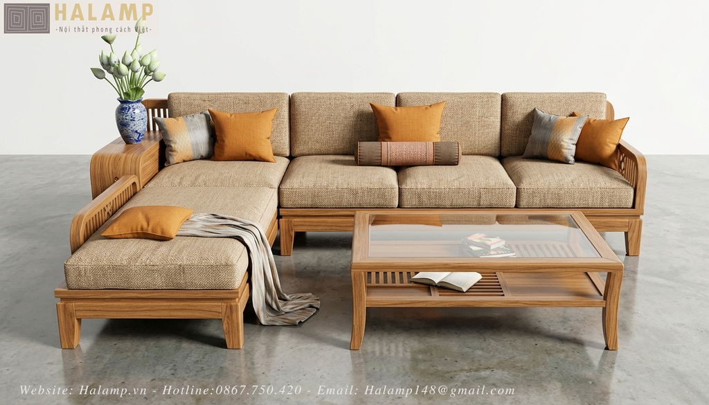 Bộ sofa module gỗ tự nhiên phong cách việt đẹp