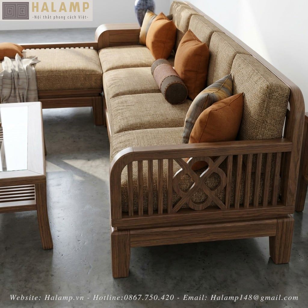 Chi tiết bộ sofa gỗ tự nhiên phong cách việt Halamp