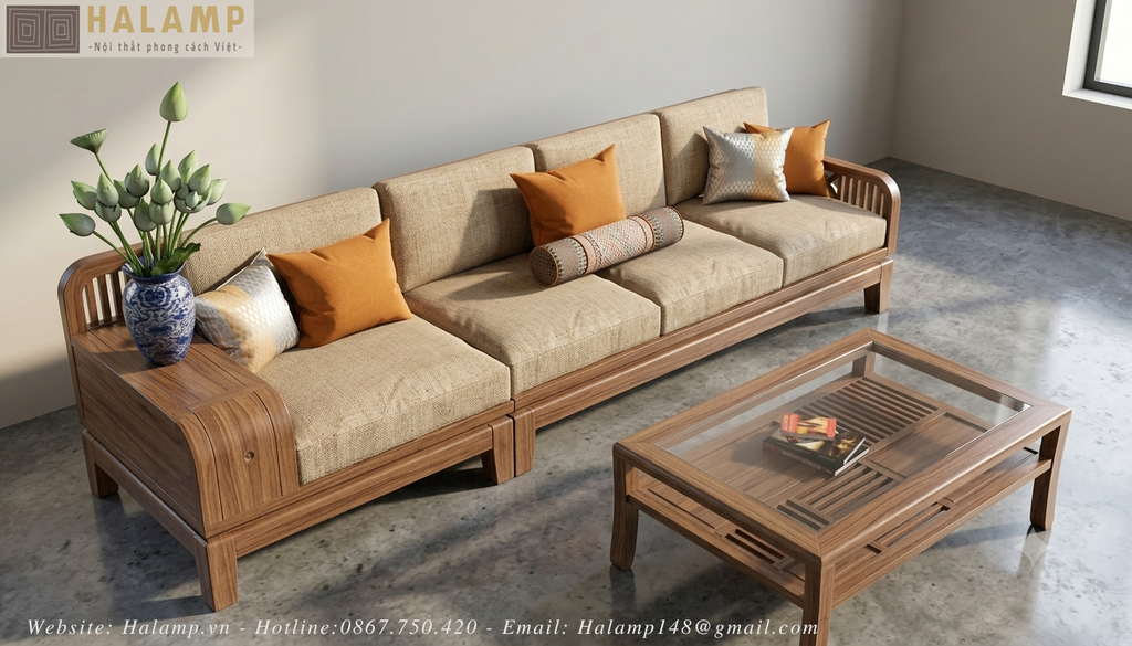 Bộ sofa module gỗ tự nhiên phong cách việt đẹp