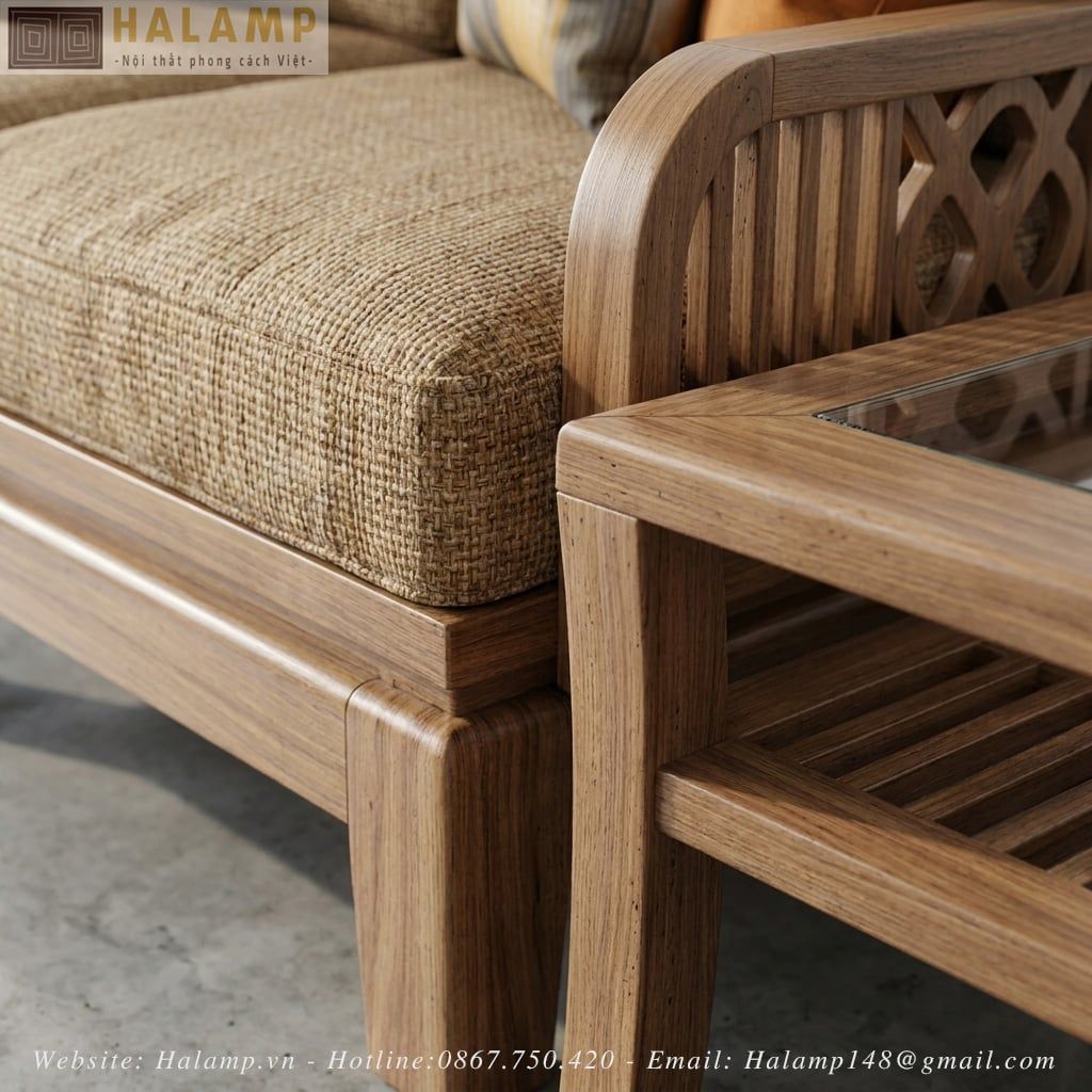 Chi tiết bộ sofa gỗ tự nhiên phong cách việt Halamp