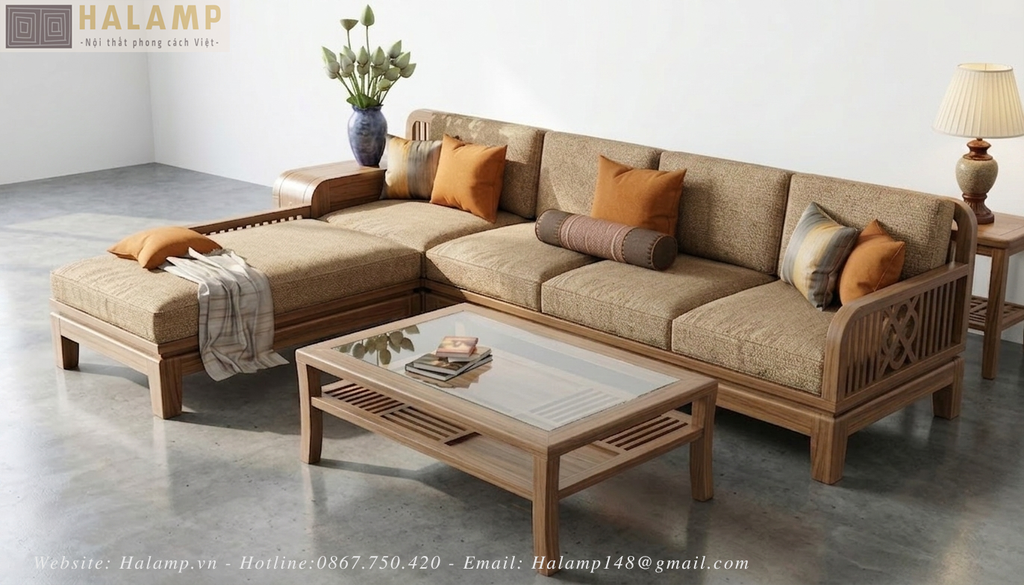 Bộ sofa module gỗ tự nhiên phong cách việt đẹp