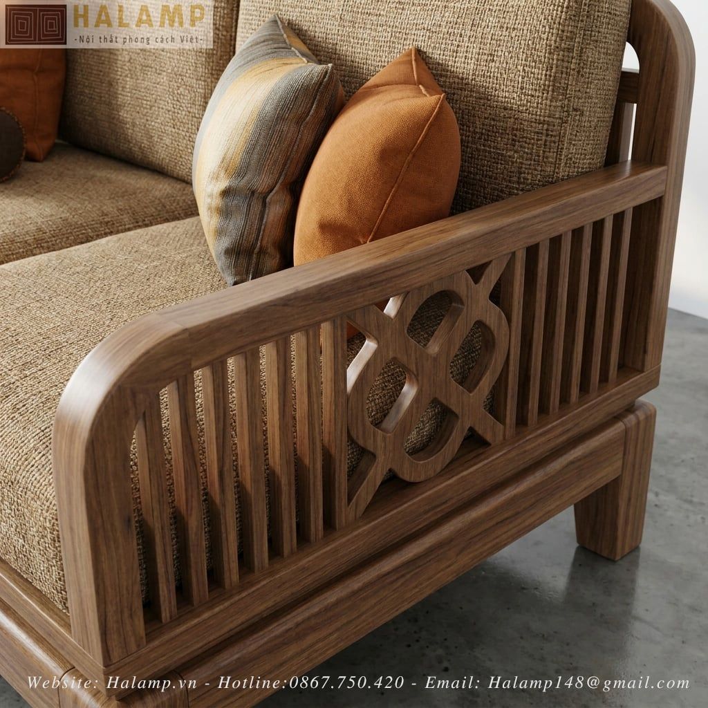 Chi tiết bộ sofa gỗ tự nhiên phong cách việt Halamp