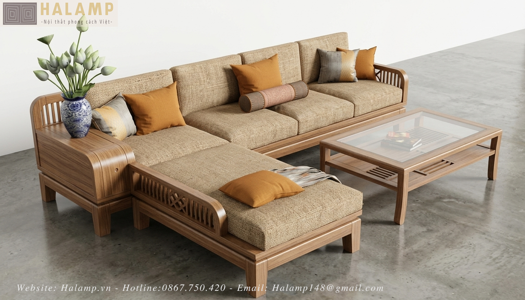 Bộ sofa module gỗ tự nhiên phong cách việt đẹp