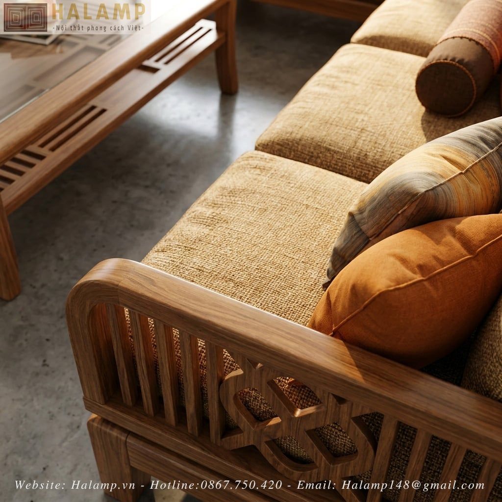 Chi tiết bộ sofa gỗ tự nhiên phong cách việt Halamp