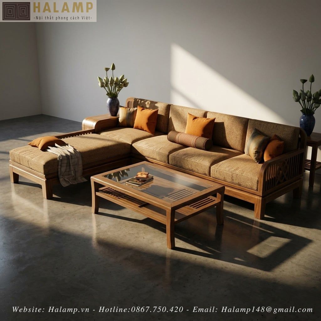 Bộ sofa module gỗ tự nhiên phong cách việt đẹp
