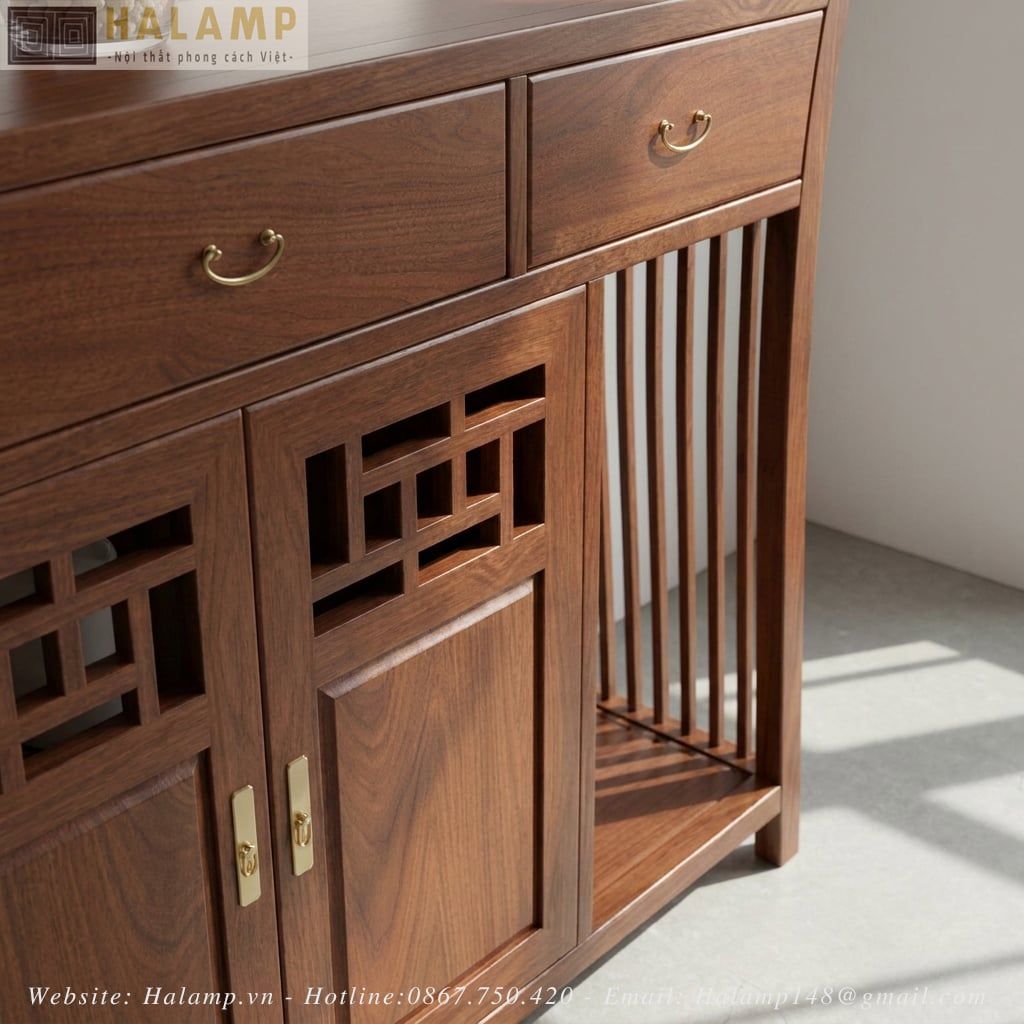 Tủ Console Gỗ Tự Nhiên Nan Dọc Họa Tiết Á Đông