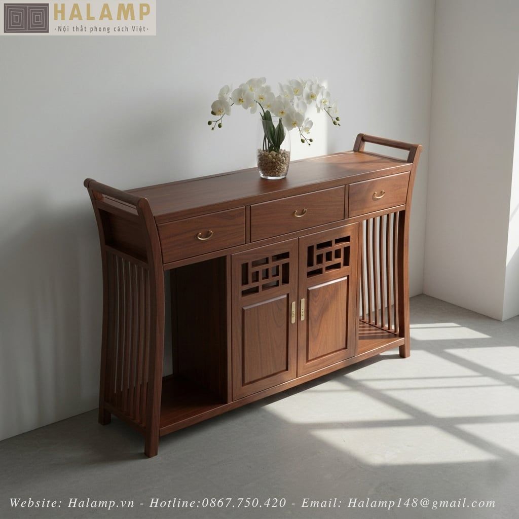 Tủ Console Gỗ Tự Nhiên Nan Dọc Họa Tiết Á Đông