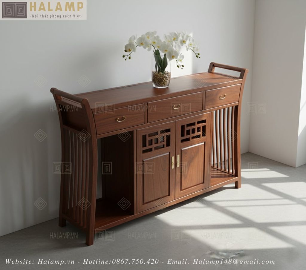 Tủ Console Gỗ Tự Nhiên Nan Dọc Họa Tiết Á Đông