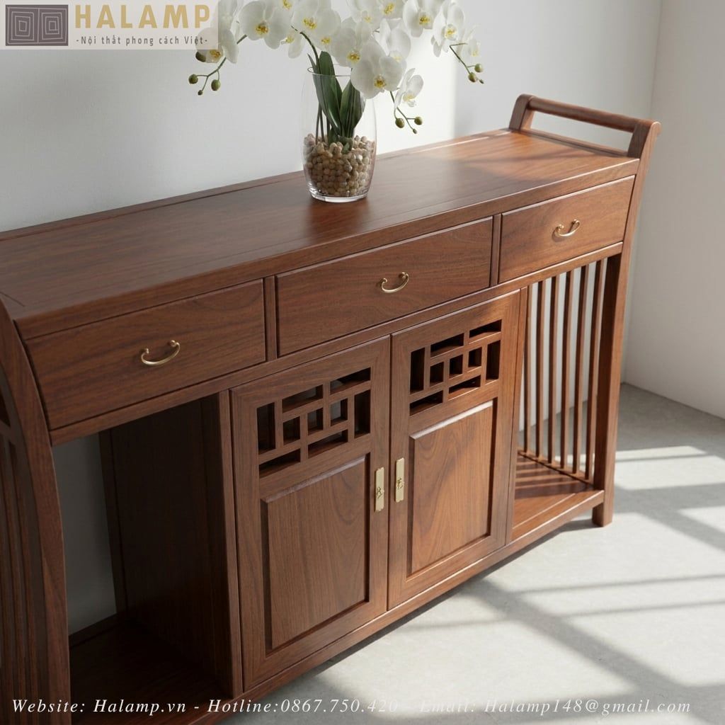 Tủ Console Gỗ Tự Nhiên Nan Dọc Họa Tiết Á Đông