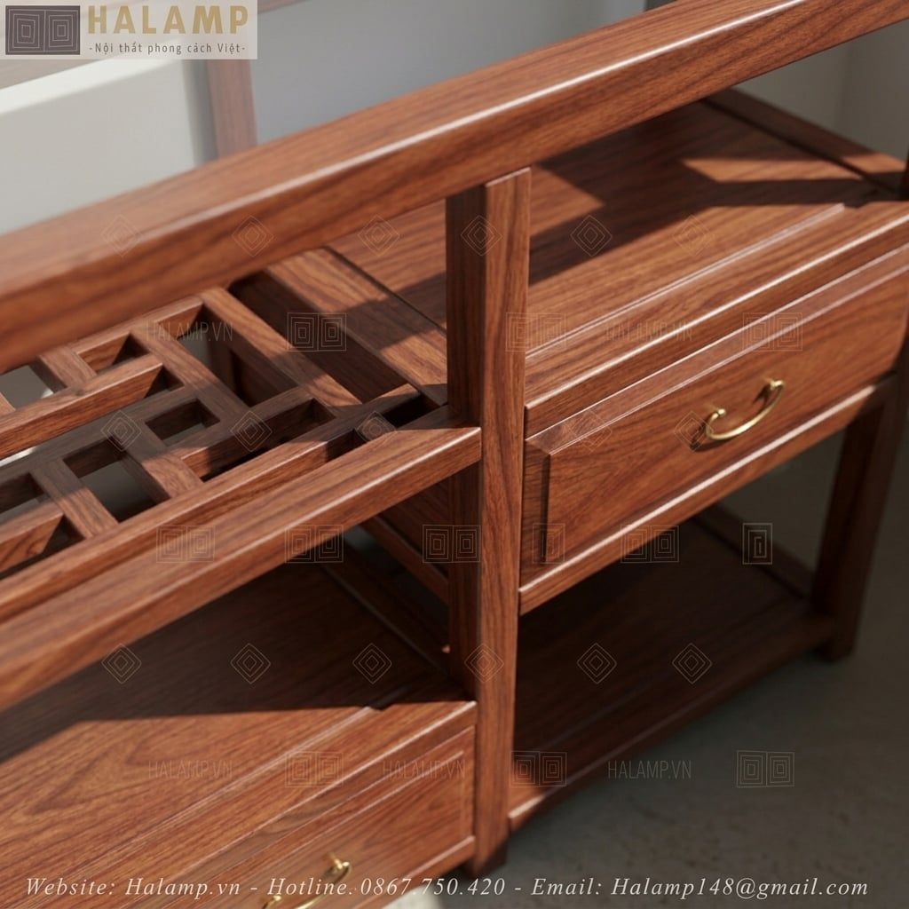 Tủ Console Gỗ Tự Nhiên Mặt Kính Họa Tiết Á Đông