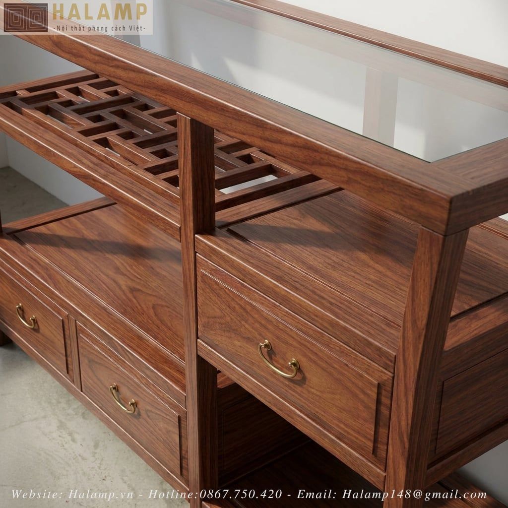 Tủ Console Gỗ Tự Nhiên Mặt Kính Họa Tiết Á Đông