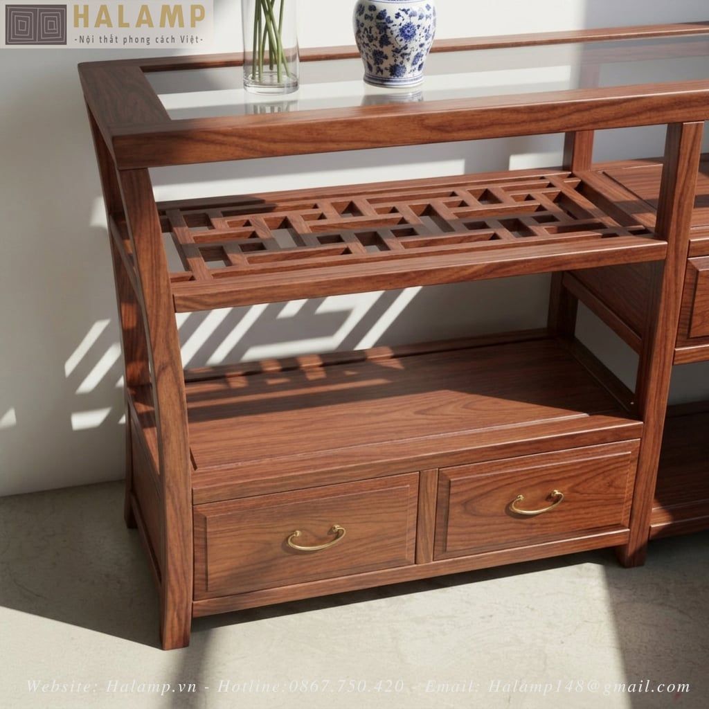 Tủ Console Gỗ Tự Nhiên Mặt Kính Họa Tiết Á Đông