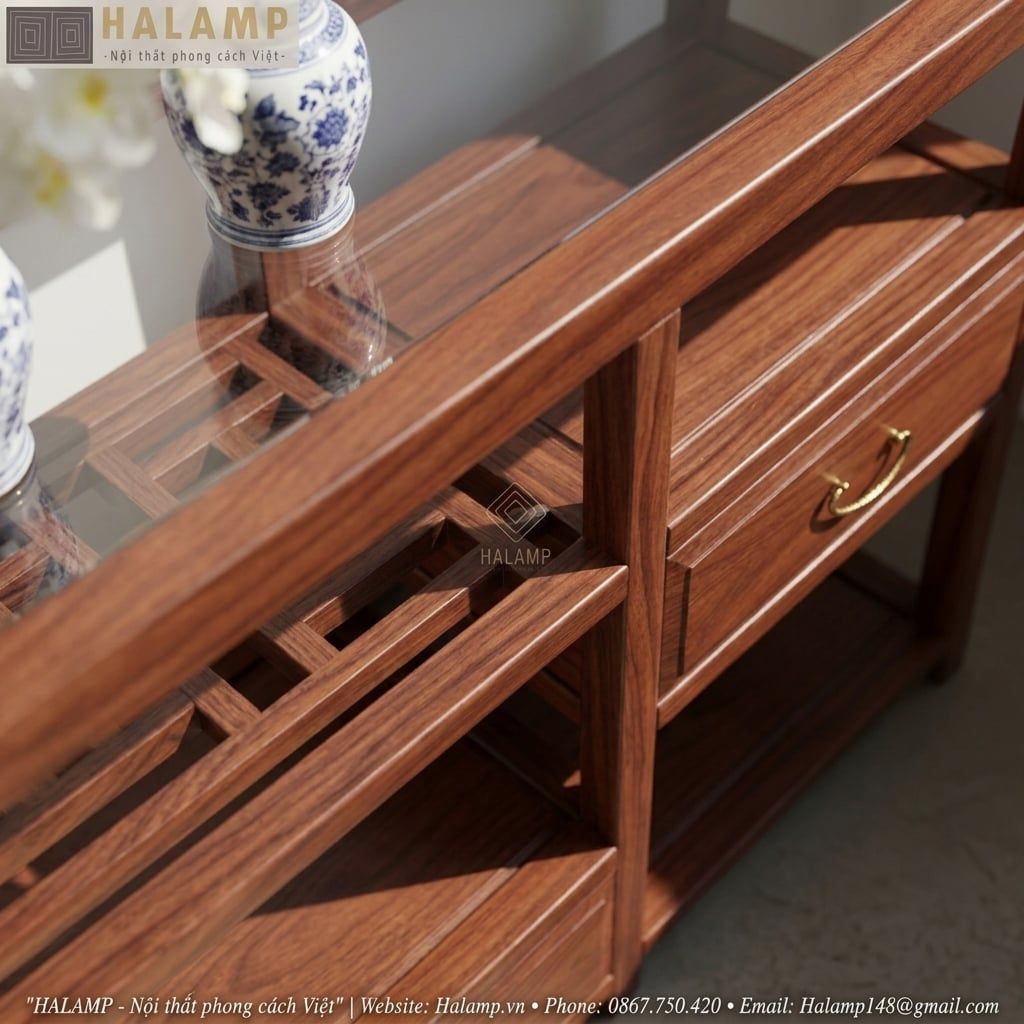 Tủ Console Gỗ Tự Nhiên Mặt Kính Họa Tiết Á Đông