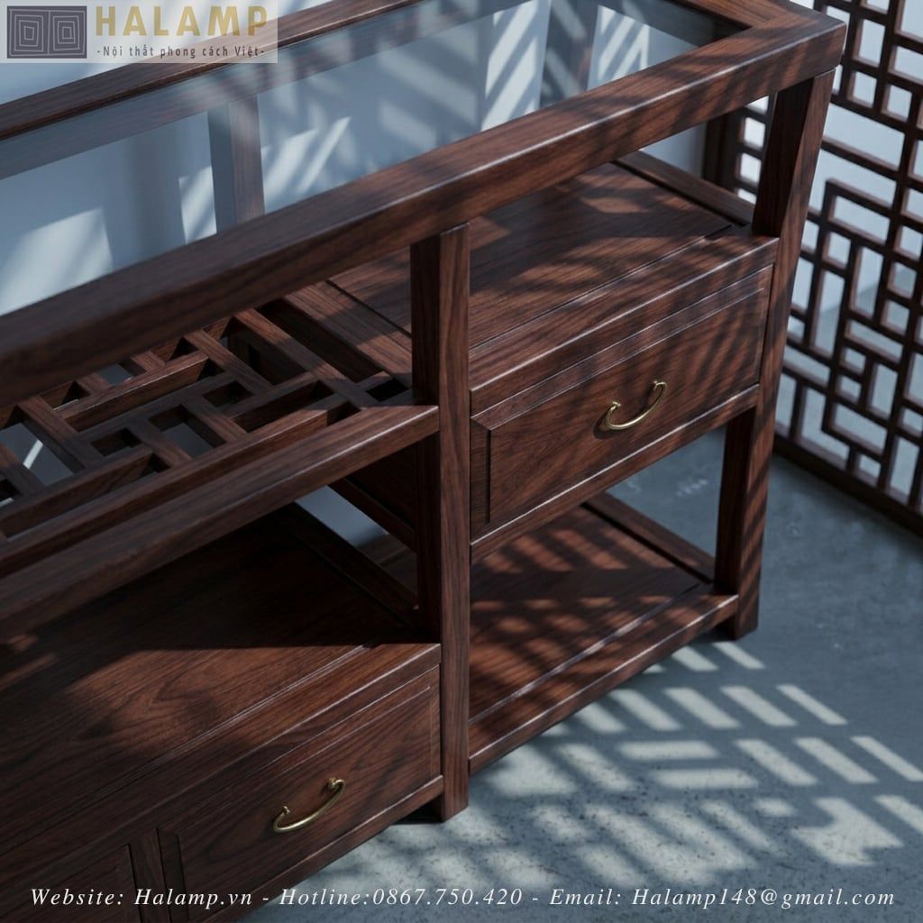 Tủ Console Gỗ Tự Nhiên Mặt Kính Họa Tiết Á Đông