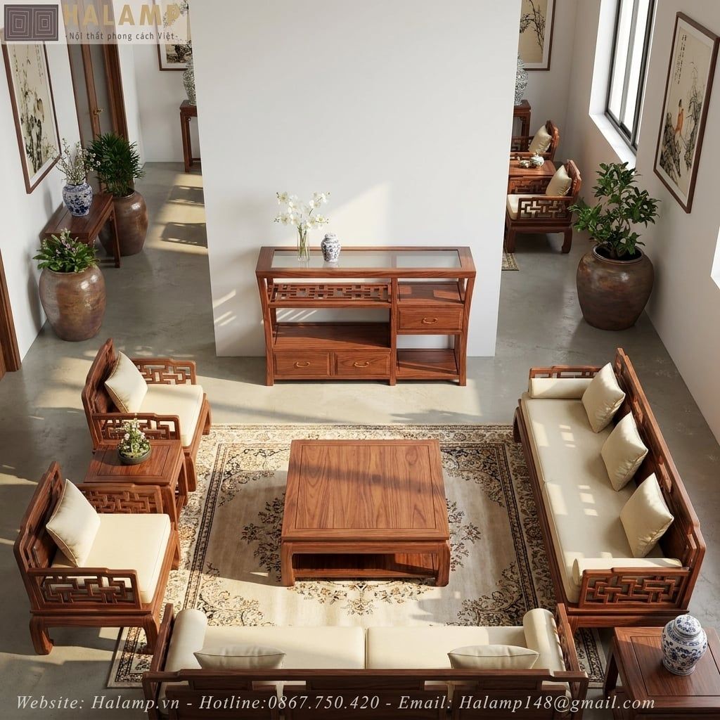 Tủ Console Gỗ Tự Nhiên Mặt Kính Họa Tiết Á Đông