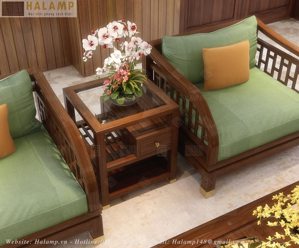 Bộ sofa gỗ Việt trong phòng khách biệt thự