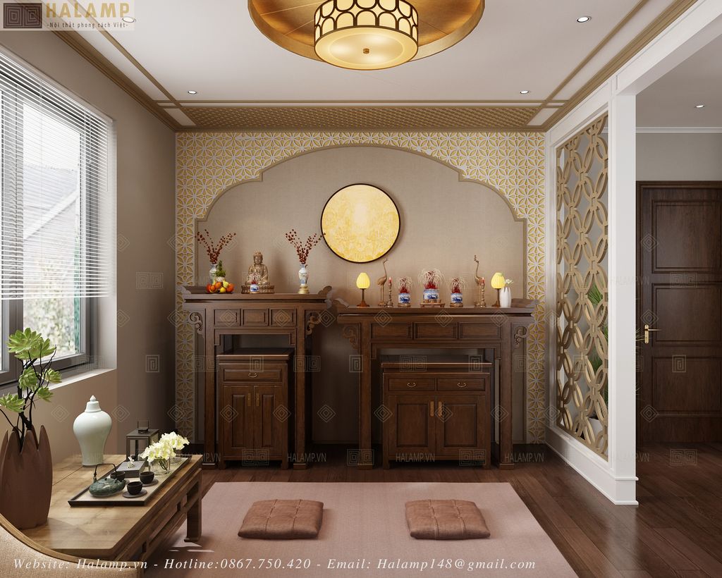 Mẫu bàn thờ gia tiên thiết kế trong không gian phòng thờ