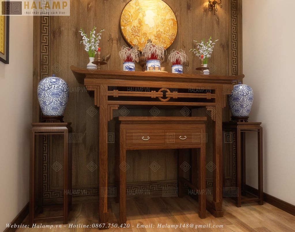 Chi tiết bàn thờ gỗ việt đơn giản không nặng trong không gian phòng thờ