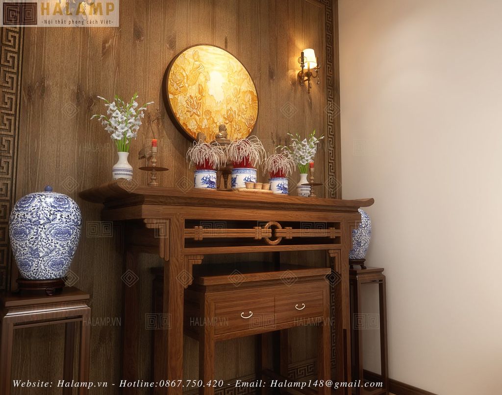 Chi tiết bàn thờ gỗ việt đơn giản không nặng trong không gian phòng thờ