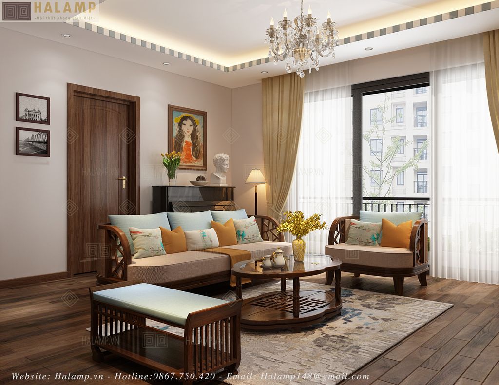 sofa gỗ tự nhiên phòng khách chung cư đẹp