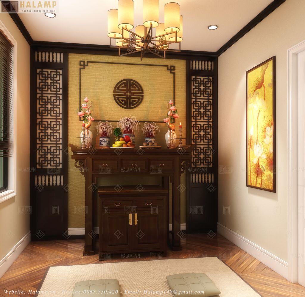 Mẫu bàn thờ gia tiên thiết kế trong không gian phòng thờ
