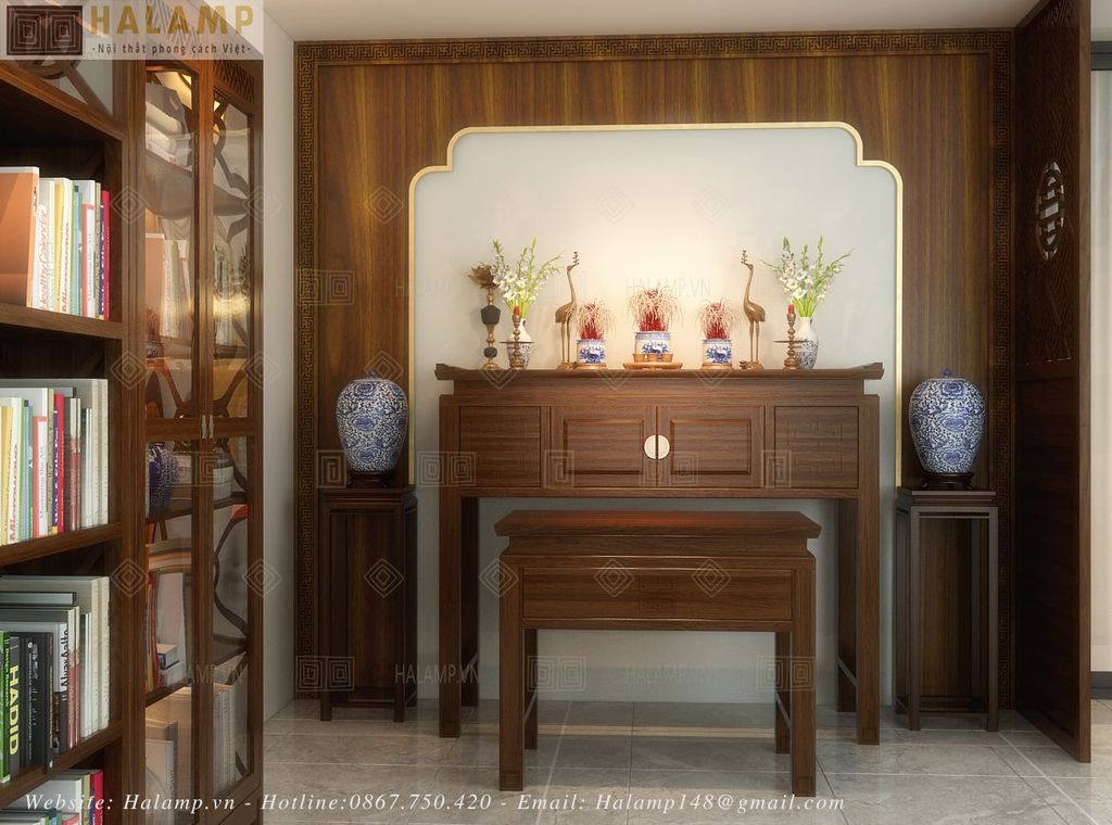 Bàn thờ gỗ Việt đơn giản hiện đại trong không gian nội thất