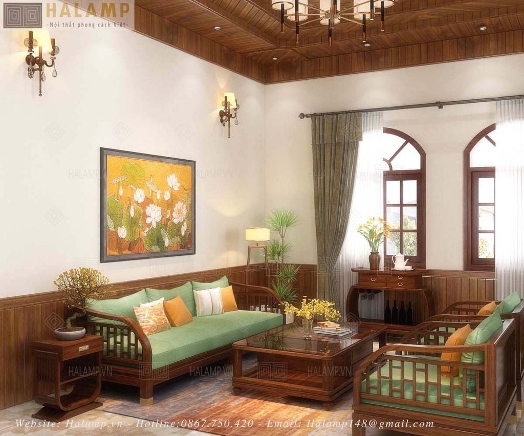 Bộ sofa gỗ Việt trong phòng khách biệt thự