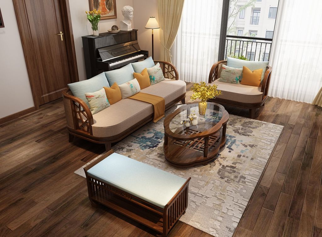 sofa gỗ tự nhiên phòng khách chung cư đẹp