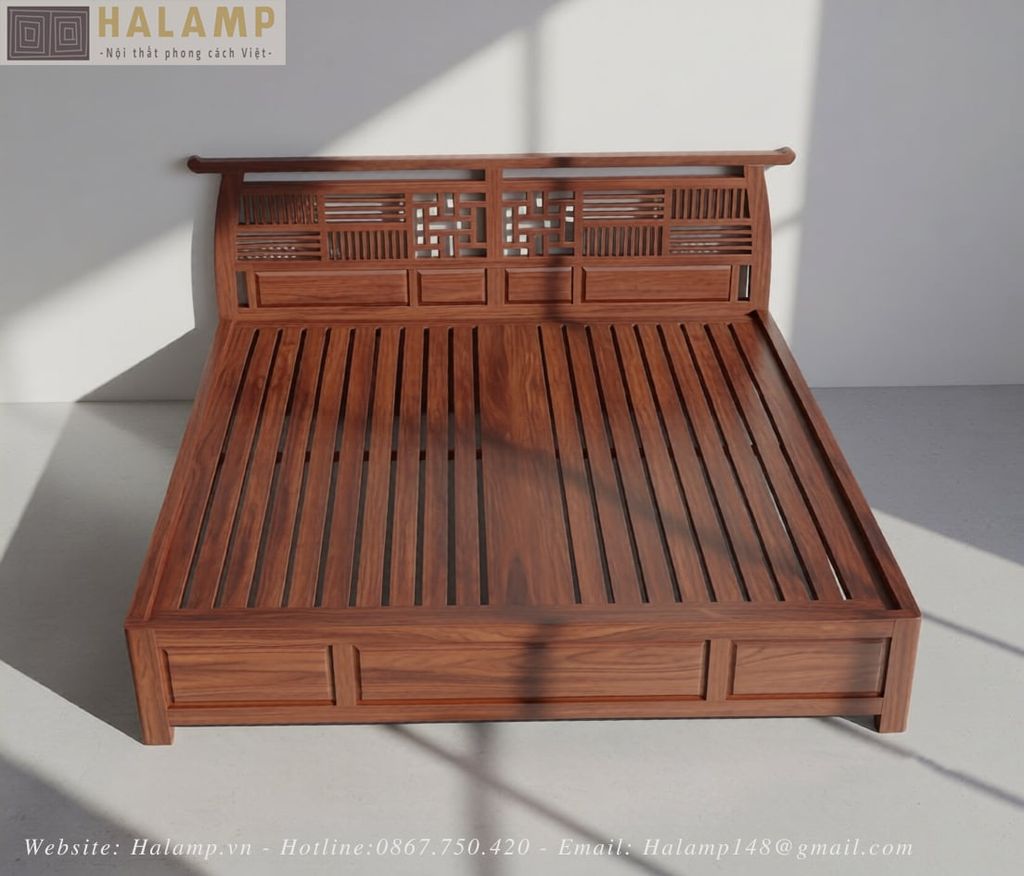 Chi tiết giường gỗ tự nhiên phong cách Á Đông tại Halamp