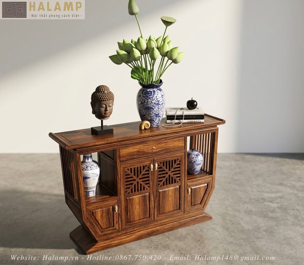 Chi tiết tủ console phong cách Việt gỗ óc chó