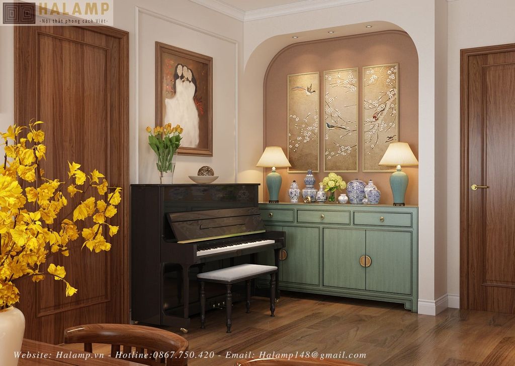 Giữ vị trí piano và làm tủ giày là tủ trang trí indochine