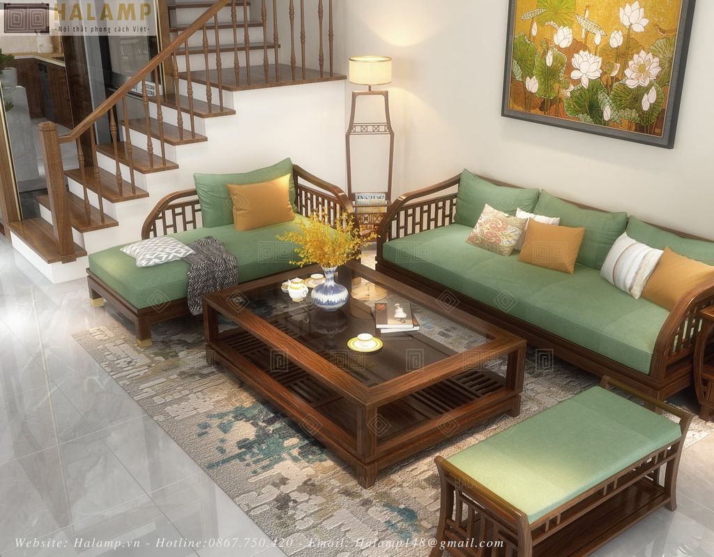 Bộ sofa gỗ Việt trong phòng khách nhà phố