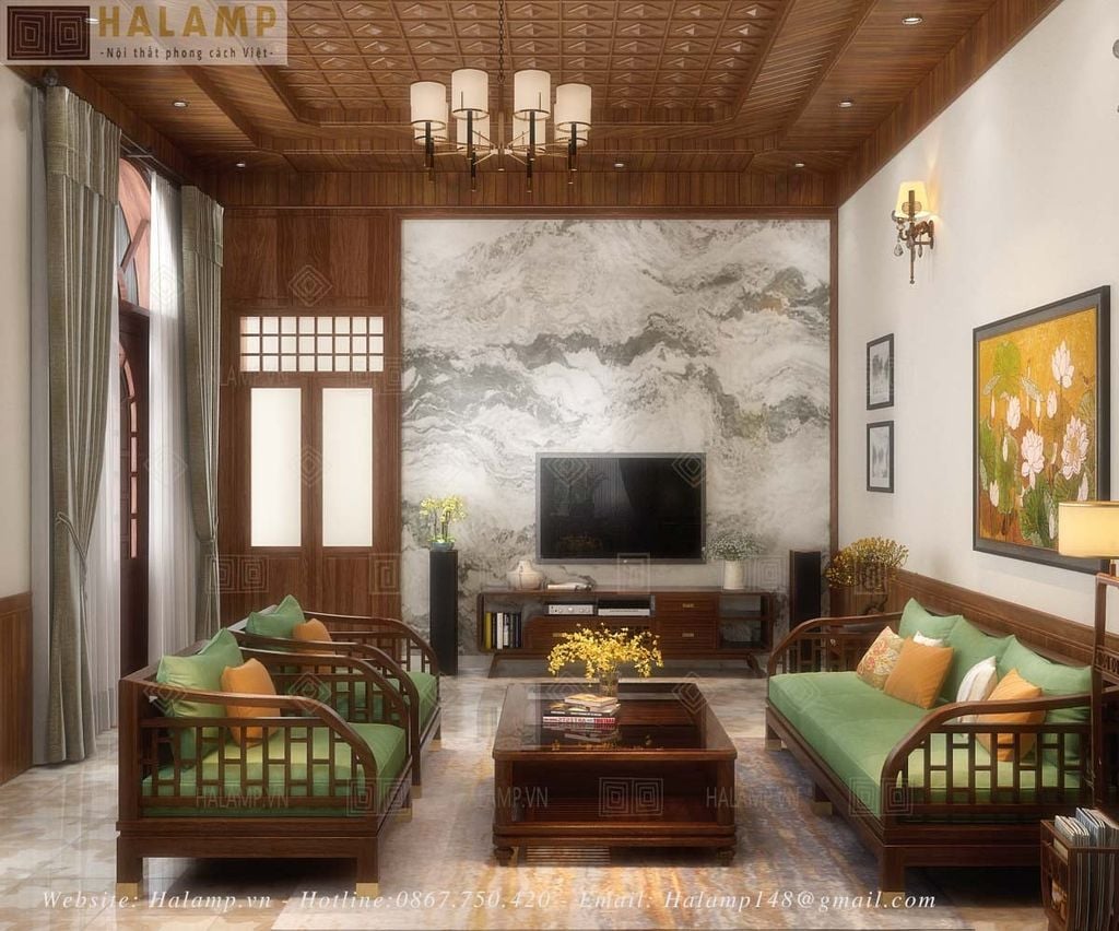 Bộ sofa gỗ Việt trong phòng khách biệt thự