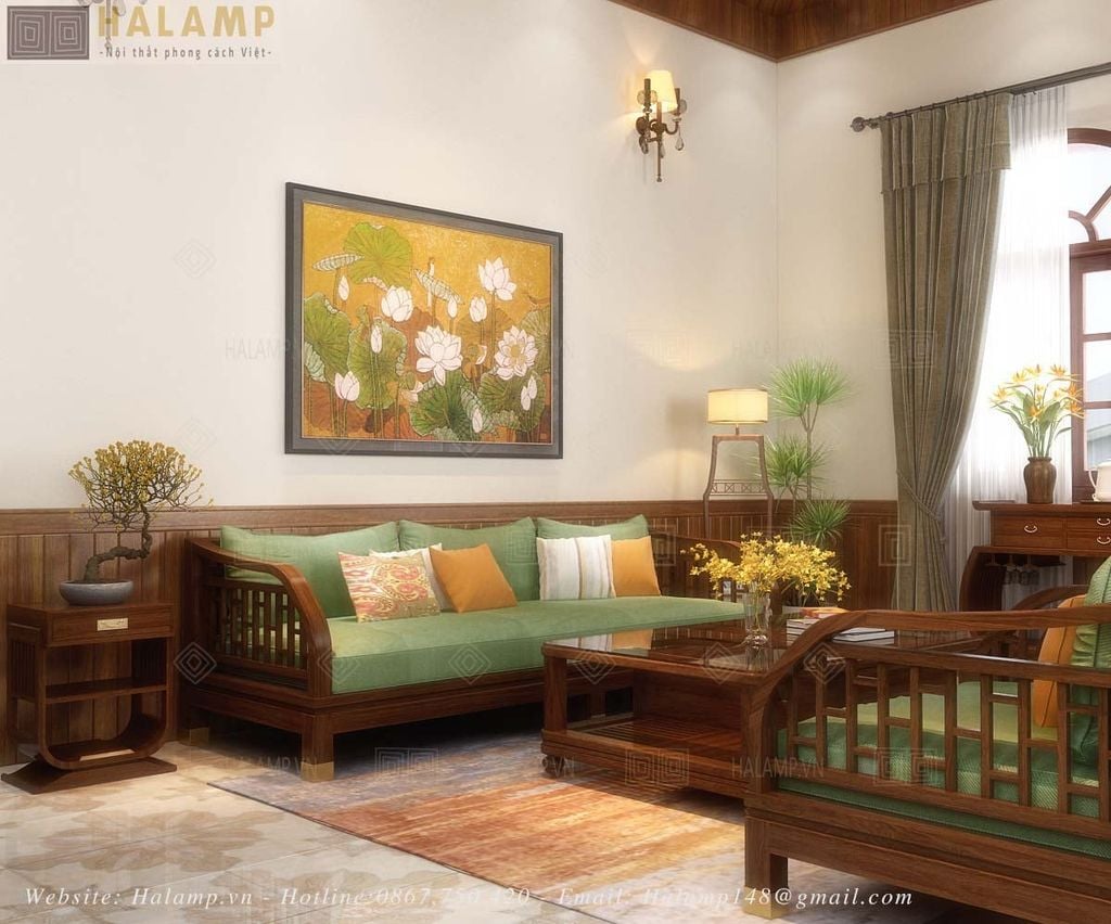 Bộ sofa gỗ Việt trong phòng khách biệt thự