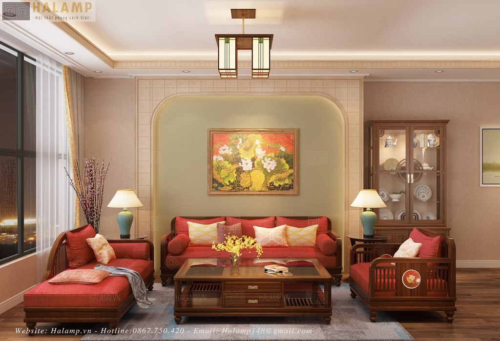 Sofa gỗ phong cách Việt truyền trong phòng khách