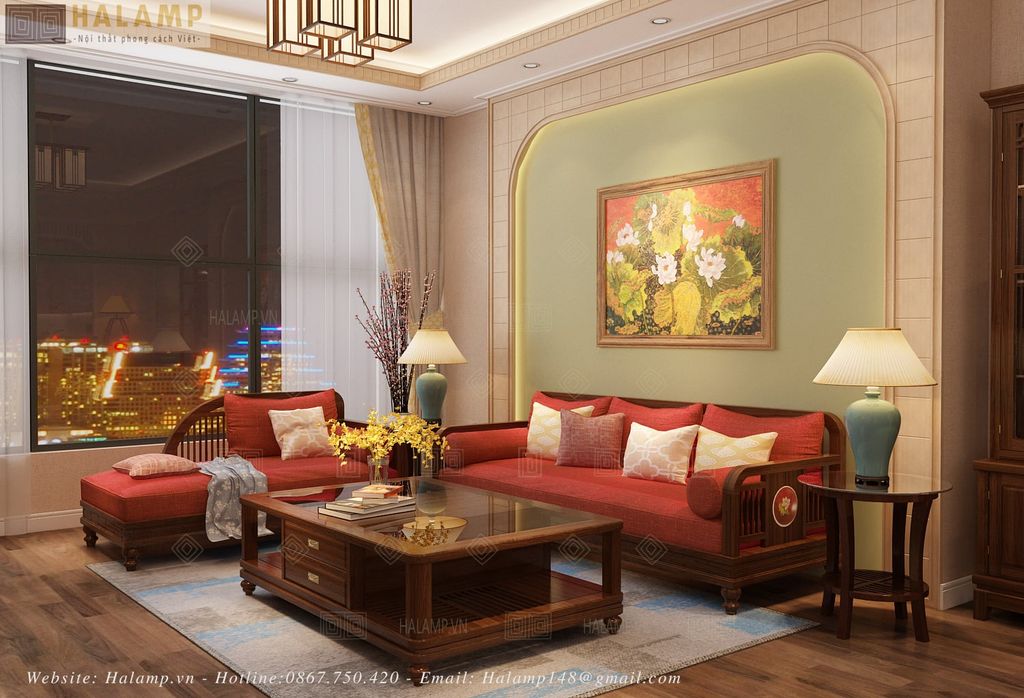 Sofa gỗ phong cách Việt truyền trong phòng khách