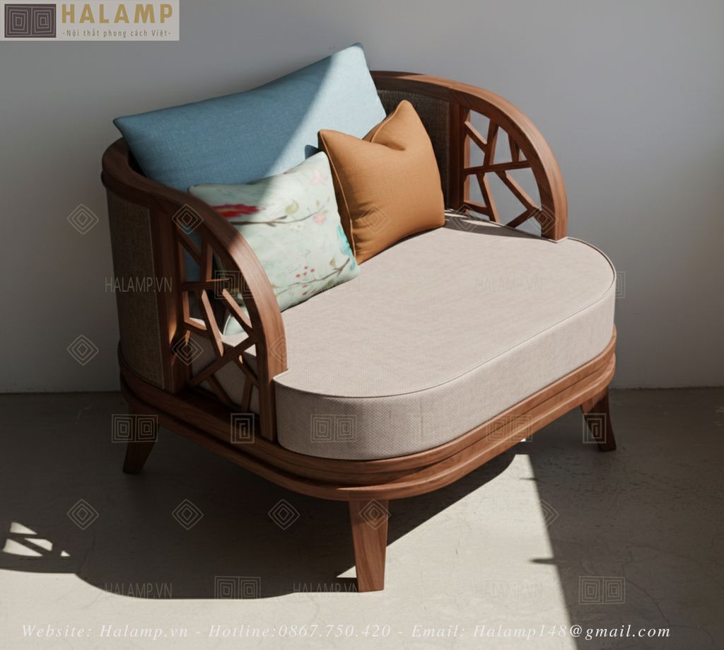 sofa đơn gỗ tự nhiên bọc nỉ lưng tựa