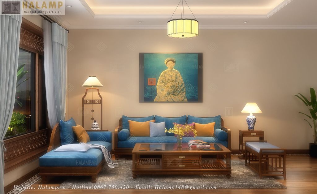 Sofa gỗ phong cách Việt truyền trong phòng khách chung cư