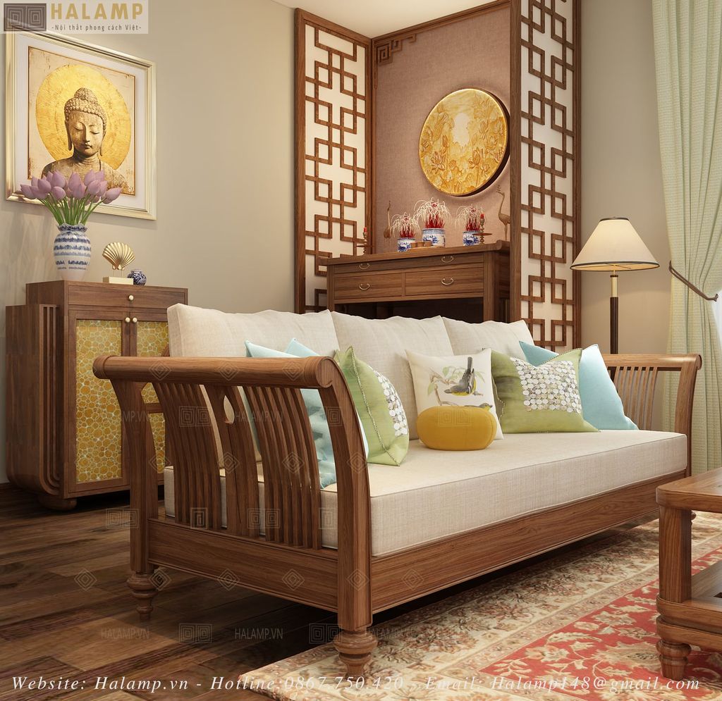 Sofa gỗ văng dài phong cách Việt trong phòng khách