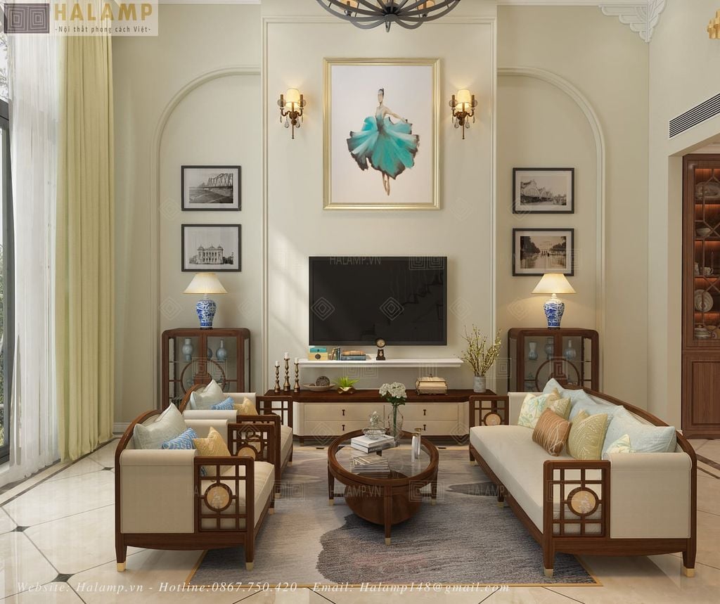 Sofa indochine trong phòng khách liền kề thông tầng