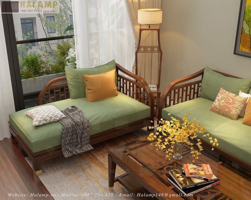 Bộ sofa gỗ Việt trong phòng khách chung cư