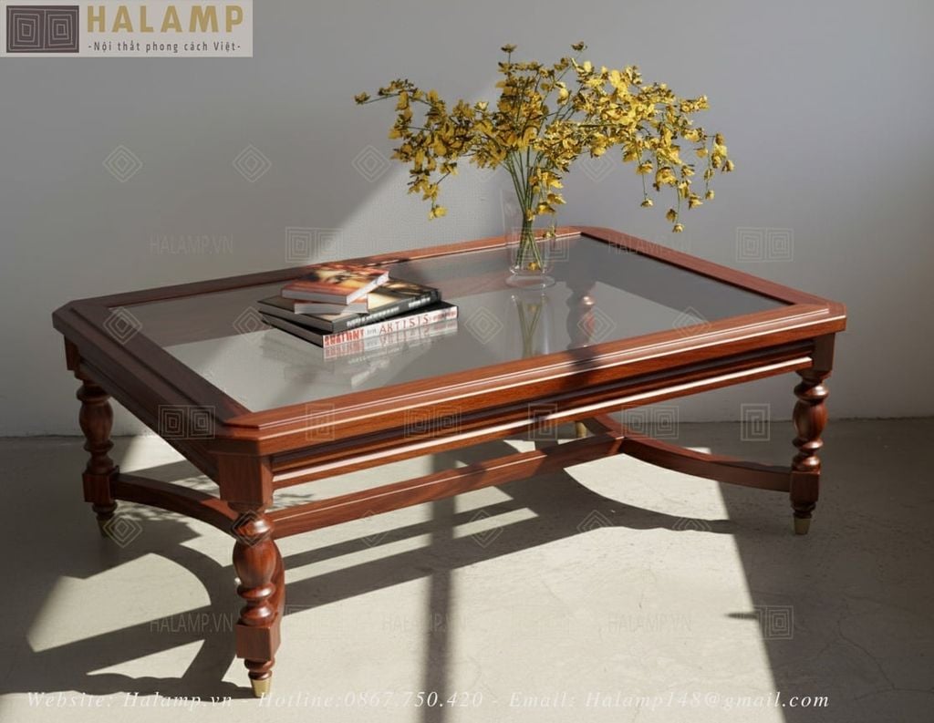 Mẫu bàn trà gỗ tự nhiên hình chữ nhật phong cách indochine